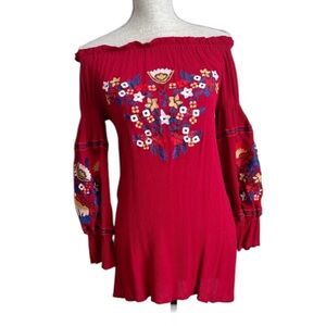 R Vivimos Floral Embroidered Off The Shoulder Tunic Top Blouse Gauze Small